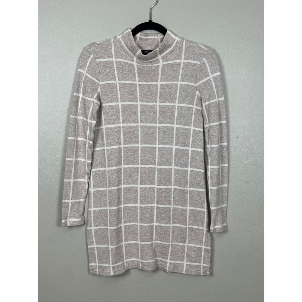 Style &‎ Co Womens XS Beige Windowpane Grid Mock Neck Long Sleeve Tunic Top